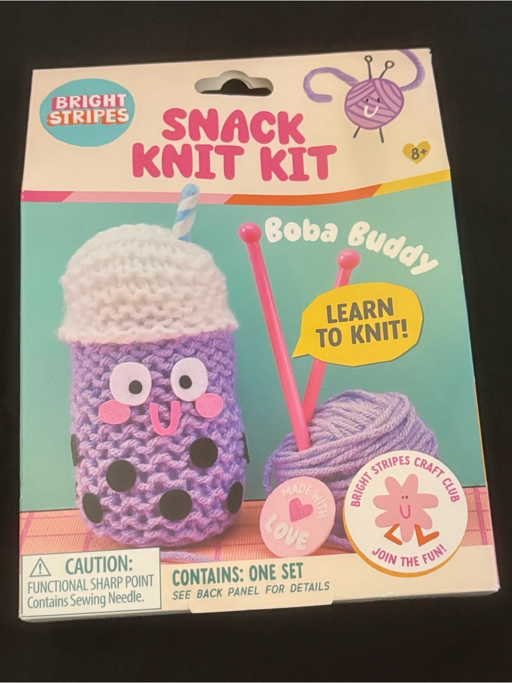 Bright Stripes Snack Knit Kit - Purple & White Boba Buddy - Beginner Knit - NEW